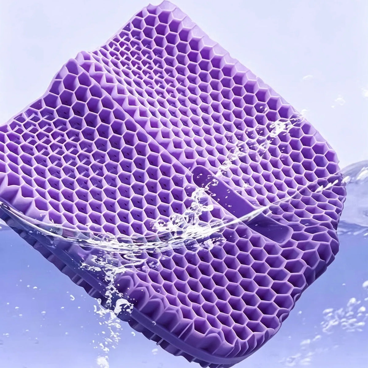 Purple honeycomb seat cushion pictured with splashing water.