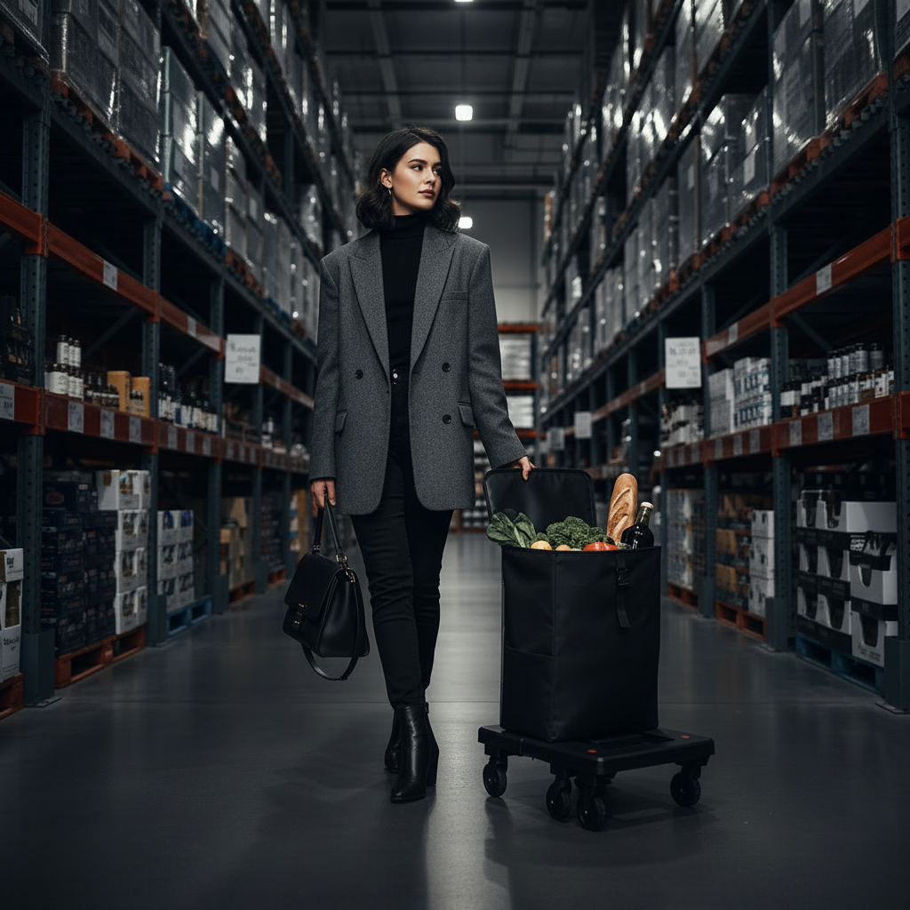 "Ultra-Slim Foldable Shopping Cart – woman shopping at warehouse store with black insulated bag"