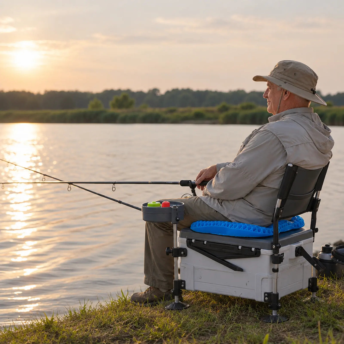 A man sits on a white and gray fishing chair with a blue cushion, holding a fishing rod by a lake at sunset. The chair has a side tray holding fishing lures.