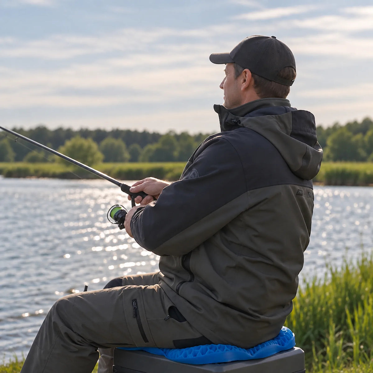 A man wearing a dark gray and black hooded jacket, olive pants, and a black cap sits on a blue cushioned fishing chair by a lake, holding a fishing rod.