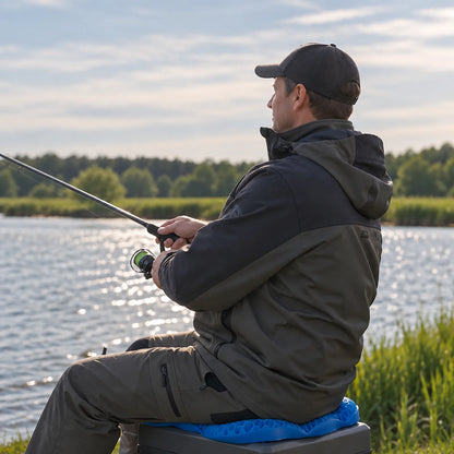 A man wearing a dark gray and black hooded jacket, olive pants, and a black cap sits on a blue cushioned fishing chair by a lake, holding a fishing rod.