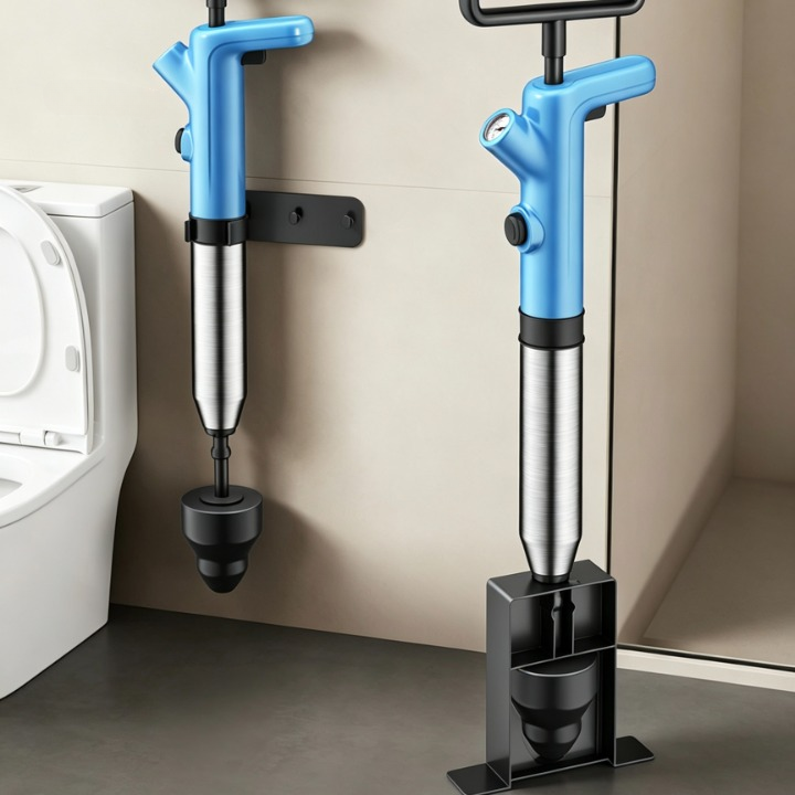 Two wall-mounted and floor-standing manual toilet plunger pumps with blue handles and stainless steel cylinders, shown in a bathroom setting next to a toilet.