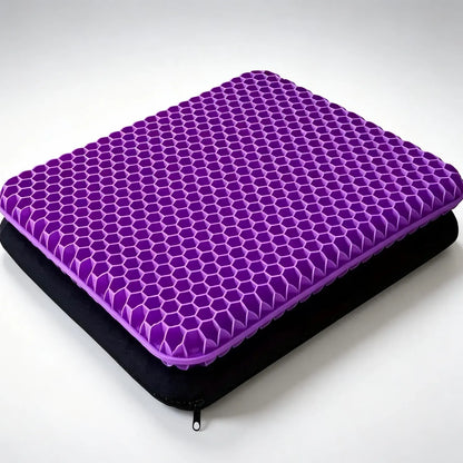 Rectangular purple honeycomb seat cushion pictured above a black zippered cover.