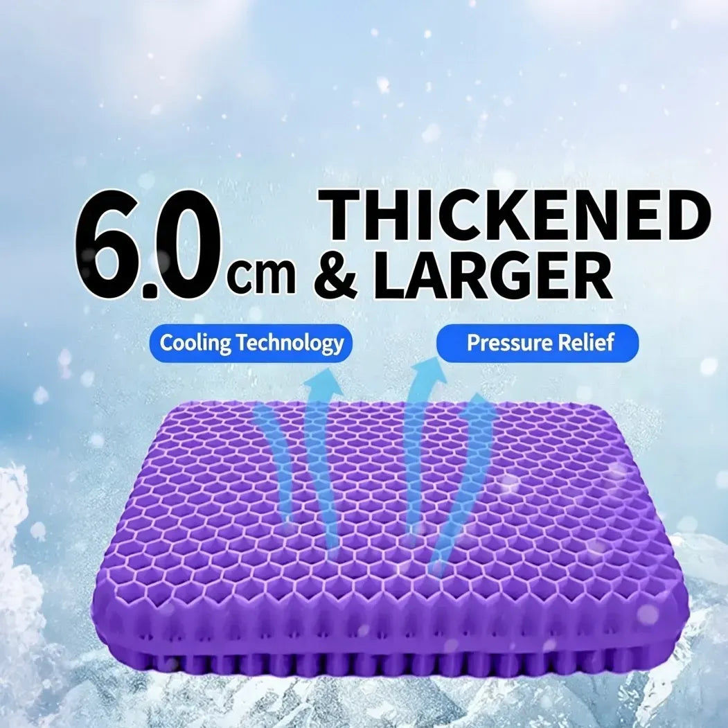 Purple silicone honeycomb seat cushion showing its extra-thick 2.4-inch (6CM) profile with airflow arrows.