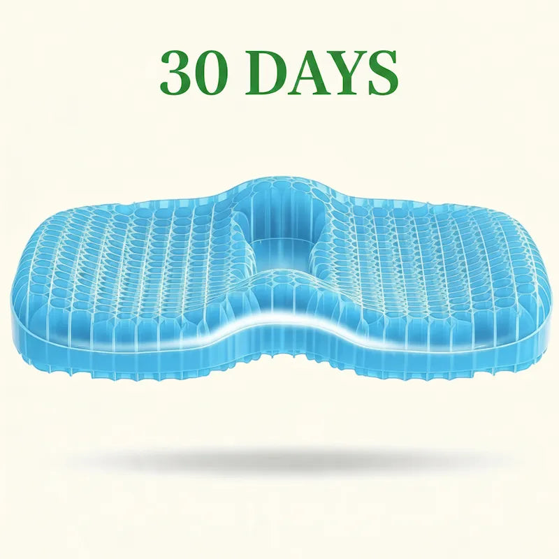 A light blue contoured gel seat cushion with a textured bubble pattern, shown floating on a cream background with the green text '30 DAYS' above it.