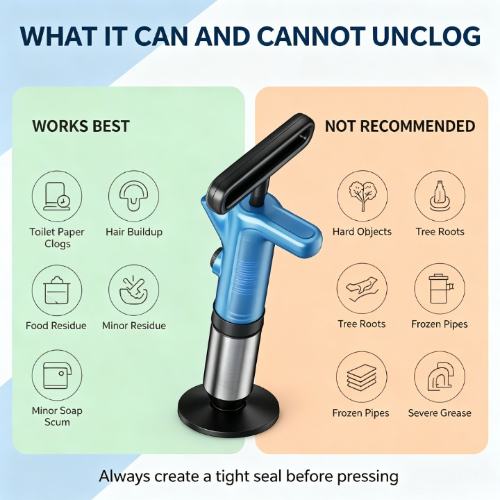 Unclogging tool shown on a light blue and peach infographic background with text reading 'WHAT IT CAN AND CANNOT UNCLOG' and icons indicating suitable and unsuitable clog types.