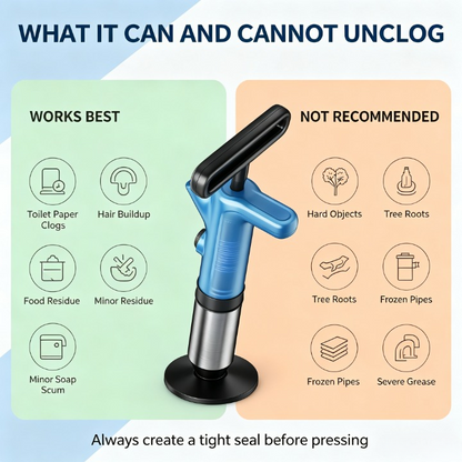 Unclogging tool shown on a light blue and peach infographic background with text reading 'WHAT IT CAN AND CANNOT UNCLOG' and icons indicating suitable and unsuitable clog types.