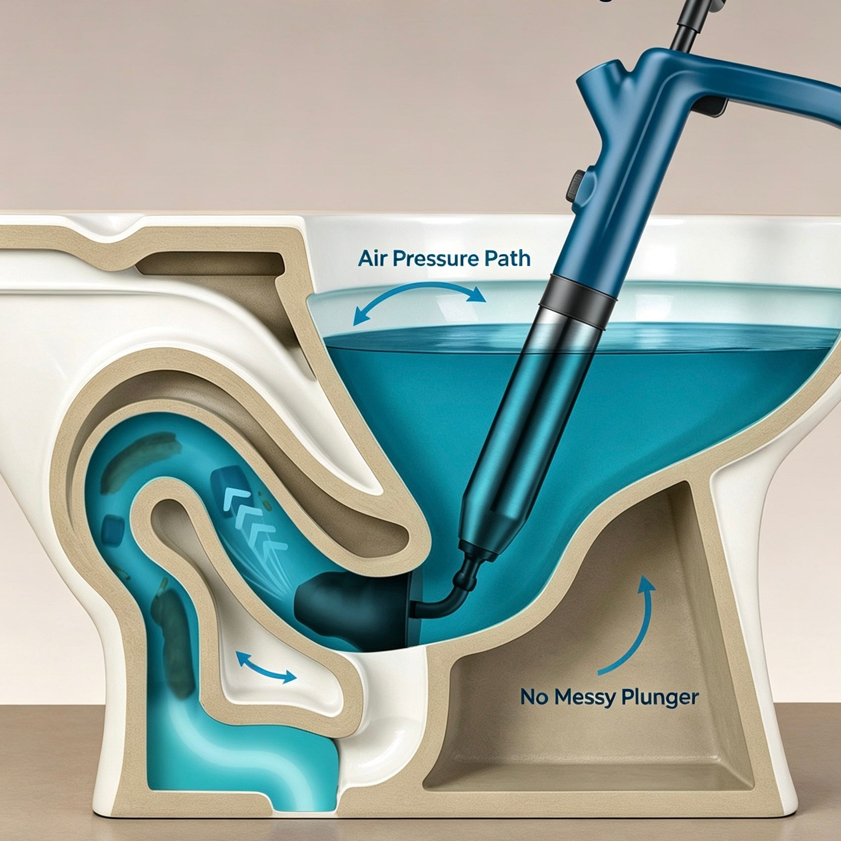 An illustrated cross-section of a toilet showing the air pressure plunger mechanism, with a blue plunger inserted into the bowl and text reading 'Air Pressure Path' and 'No Messy Plunger.'.