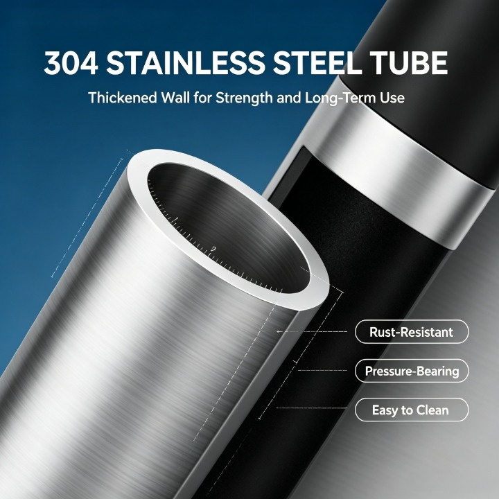 A close-up promotional graphic of a 304 stainless steel tube, showing brushed metallic silver on one end and a black-and-silver coated section on the other. White text reads '304 STAINLESS STEEL TUBE' and 'Thickened Wall for Strength and Long-Term Use,' with callout labels noting rust-resistant, pressure-bearing, and easy-to-clean properties.