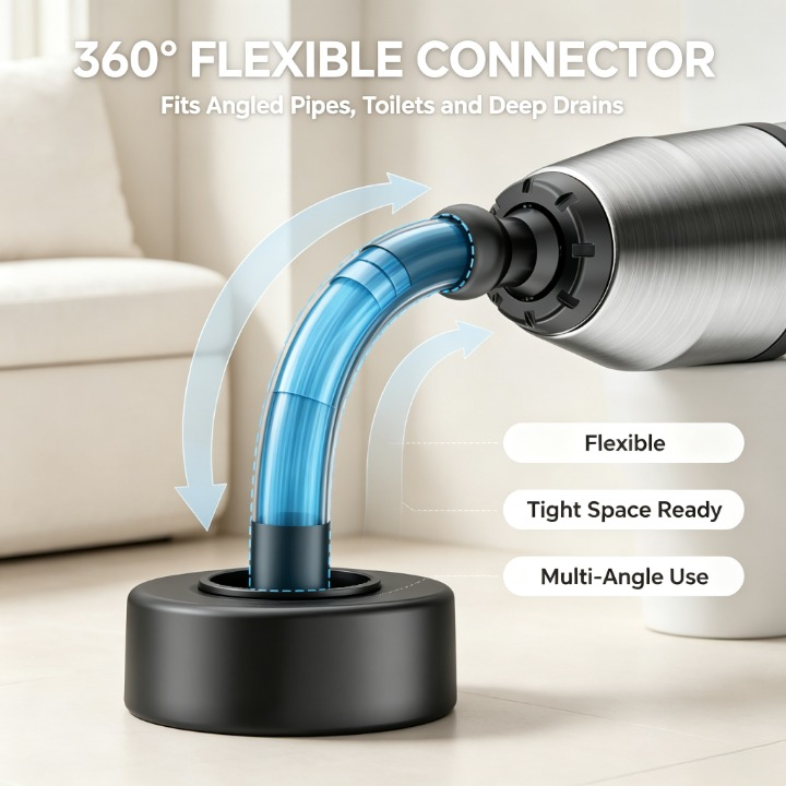 A flexible connector tool with a brushed silver metal body, a black circular base, and a translucent blue curved hose, shown in a bathroom-like setting with text overlays describing its flexibility and multi-angle use.