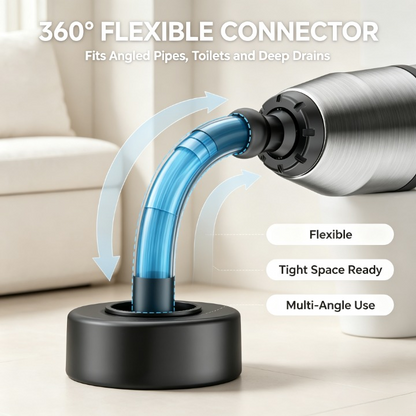 A flexible connector tool with a brushed silver metal body, a black circular base, and a translucent blue curved hose, shown in a bathroom-like setting with text overlays describing its flexibility and multi-angle use.