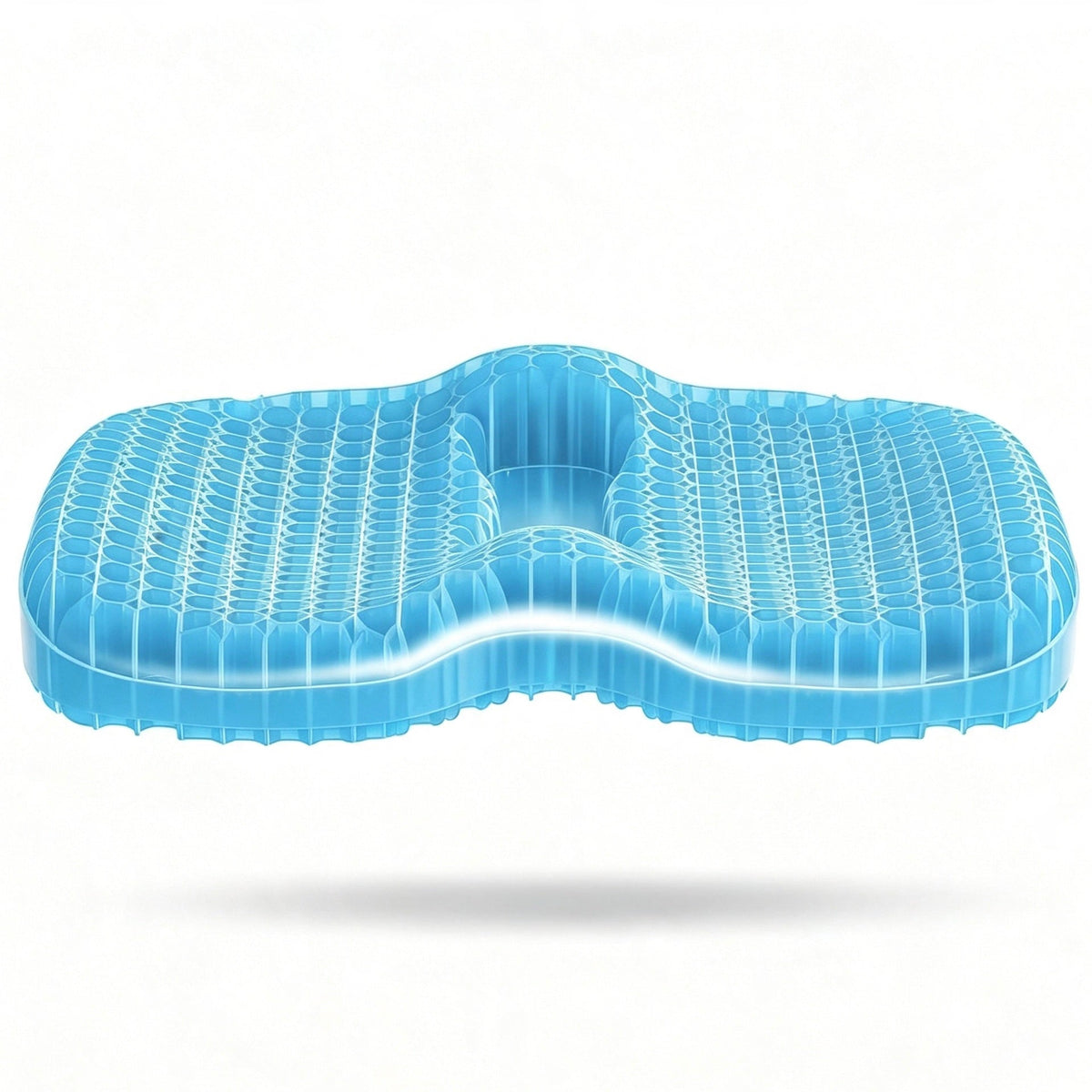 A light blue contoured honeycomb TPE seat cushion, shown floating on a white background with a soft shadow underneath.