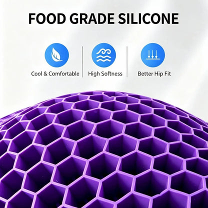 Close-up of the purple silicone seat cushion's open honeycomb structure.