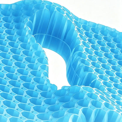 A close-up of a translucent bright blue honeycomb-patterned material with a curved, wave-like form and a central opening, shown against a white background.