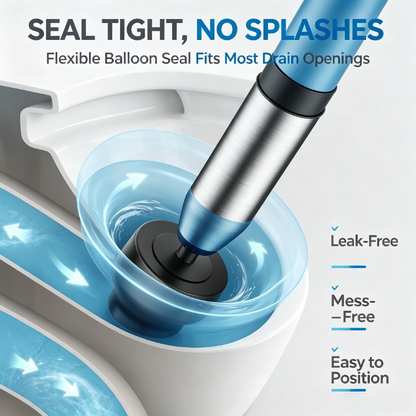 A promotional graphic showing a flexible blue and silver balloon drain seal being inserted into a toilet bowl. The image includes marketing text at the top ('SEAL TIGHT, NO SPLASHES') and feature callouts on the right ('Leak-Free', 'Mess-Free', 'Easy to Position').
