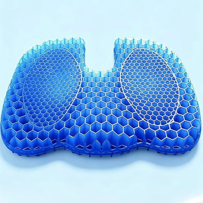 A blue ergonomic contoured TPE gel lumbar support pillow with a honeycomb grid pattern, shown on a light blue background.