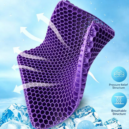 Purple honeycomb cushion bent upward with airflow arrows illustrating its open structure.