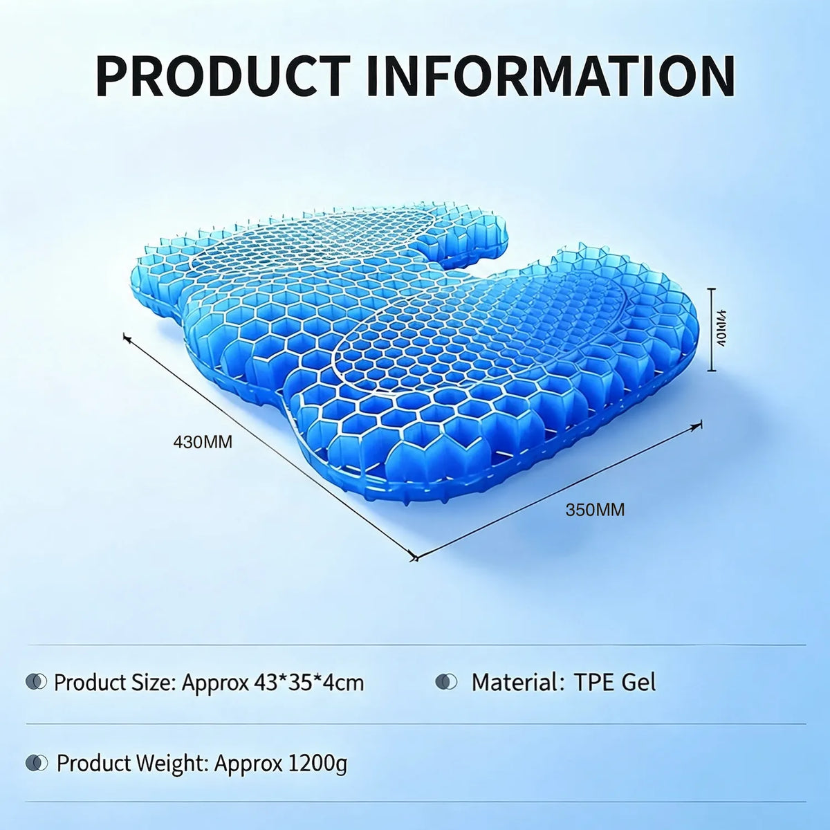 MaxCgo contoured honeycomb TPE seat cushion specification image showing 43 × 35 × 4 cm dimensions