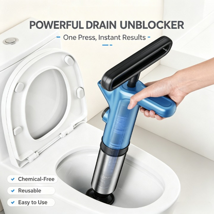 A reusable drain unblocker tool with a blue body, black handle, and metallic lower section being inserted into a toilet bowl. A hand is holding the tool, and marketing text at the top reads 'POWERFUL DRAIN UNBLOCKER' with feature callouts at the bottom left.