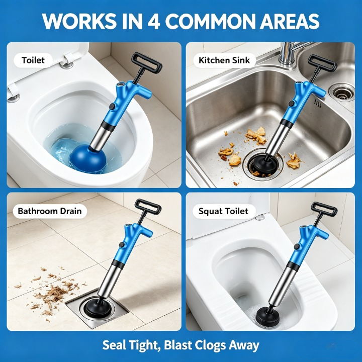 A collage showing a blue and silver drain snake tool used in four common household areas: toilet, kitchen sink, bathroom drain, and squat toilet. The image includes the text 'WORKS IN 4 COMMON AREAS' at the top and 'Seal Tight, Blast Clogs Away' at the bottom.