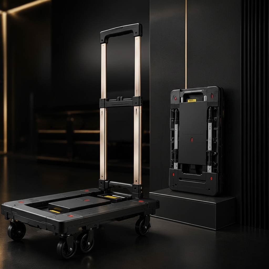 Ultra-Slim 8CM Foldable Platform Cart – extended and folded view, luxury dark background