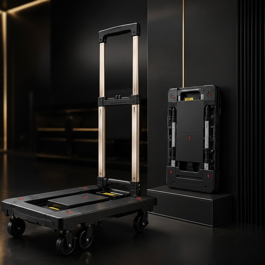 Ultra-Slim 8CM Foldable Platform Cart – extended and folded view, luxury dark background