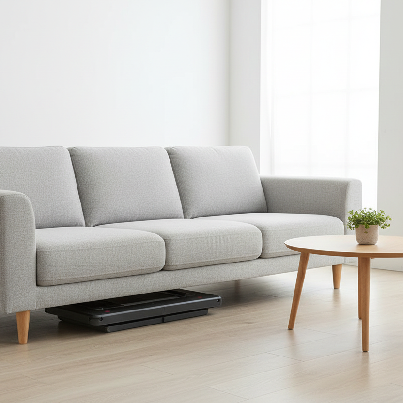 Ultra-Slim 8CM Foldable Shopping Cart stored flat under a sofa — compact design fits in tight spaces