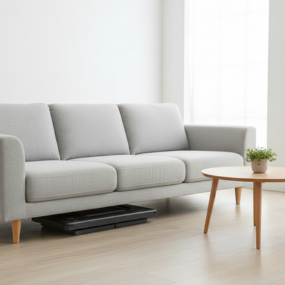 Ultra-Slim 8CM Foldable Shopping Cart stored flat under a sofa — compact design fits in tight spaces