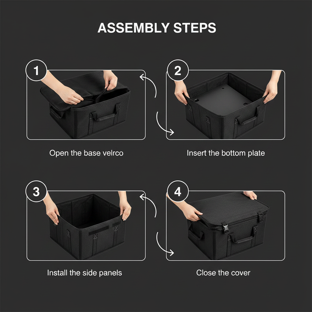 Heavy-Duty Foldable Trunk Organizer – usage instructions on dark gray background
