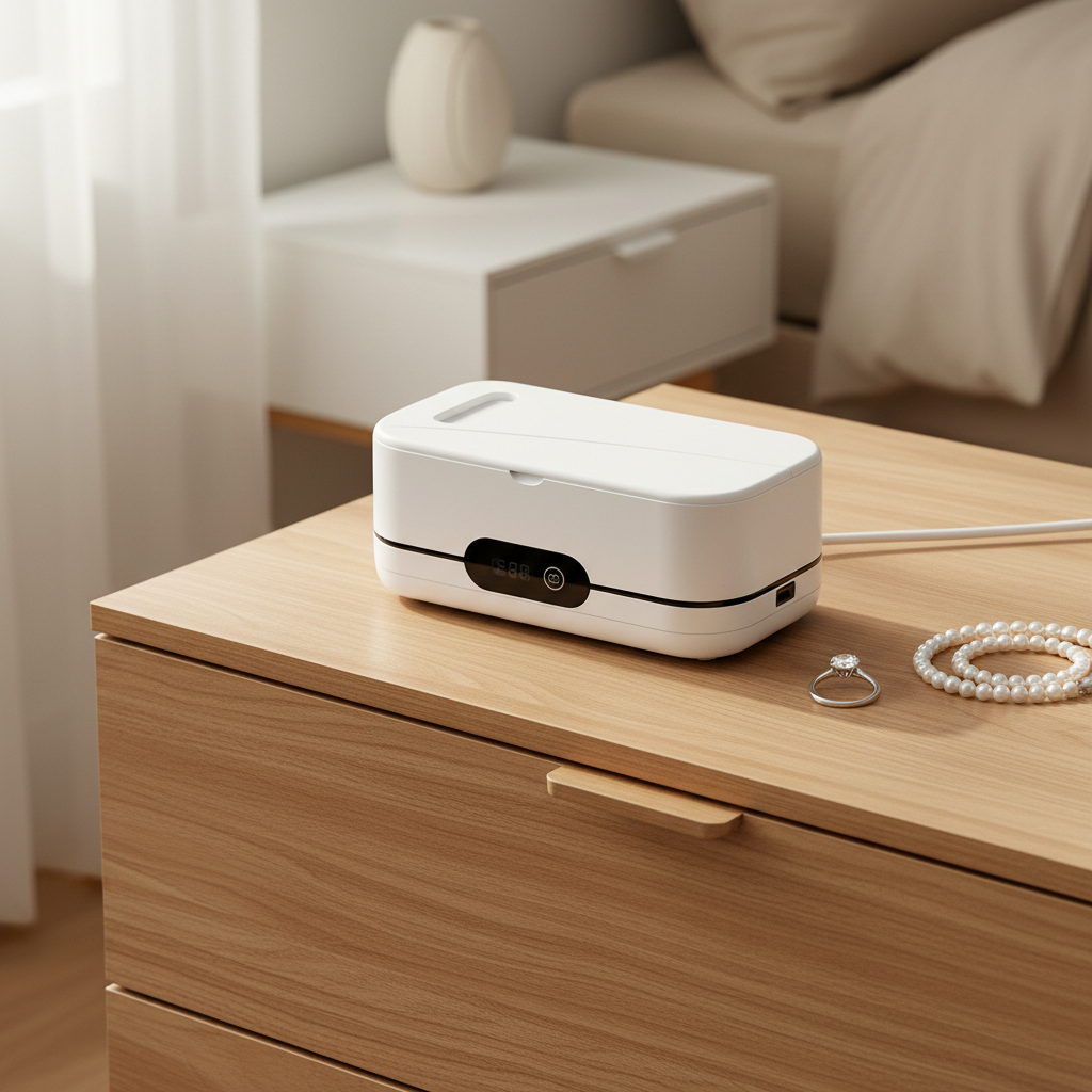 Ultrasonic Cleaner - white compact design placed on bedroom nightstand beside jewelry ring and pearl bracelet
