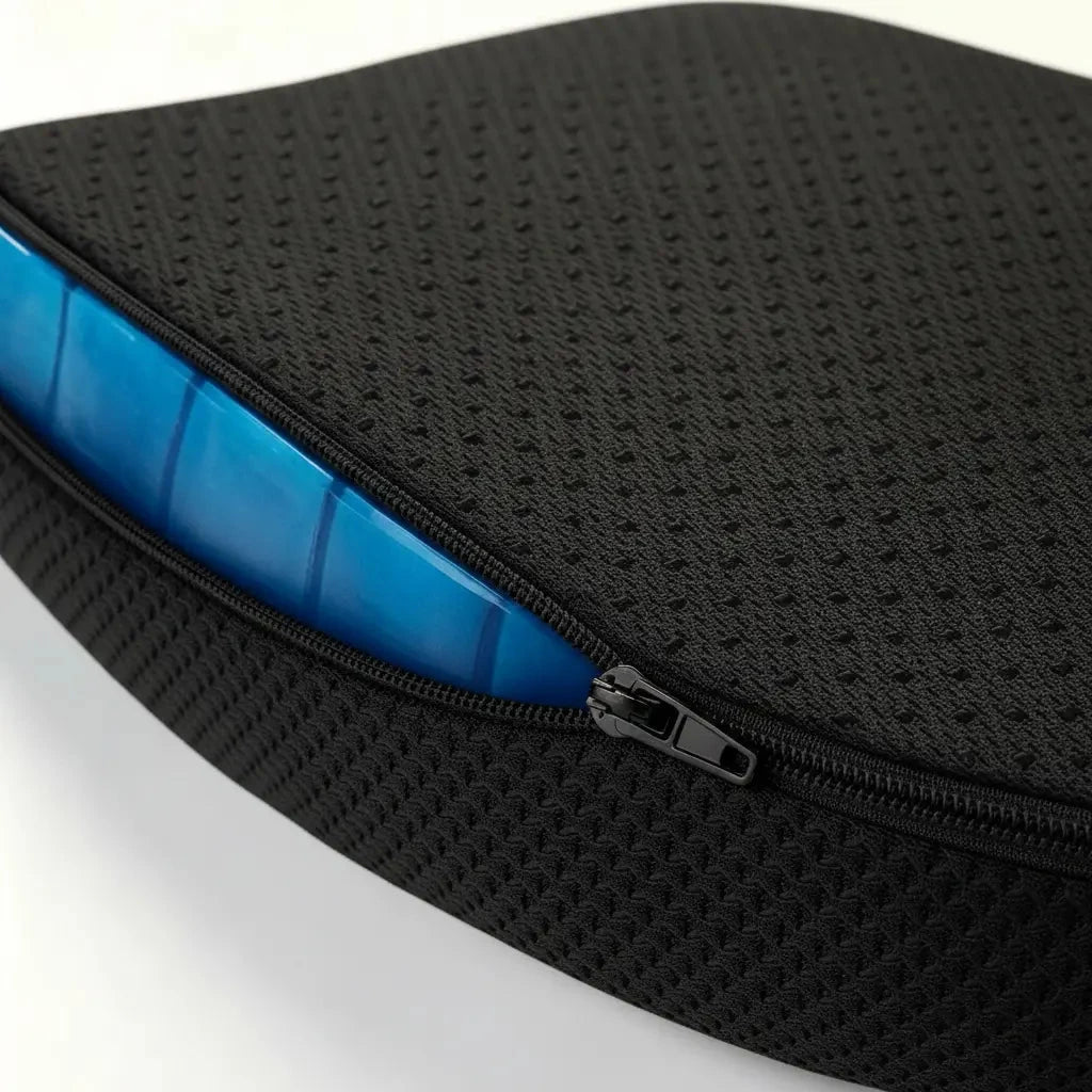 Close-up of a black textured zippered storage bag with a blue translucent item partially visible inside, on a white background.