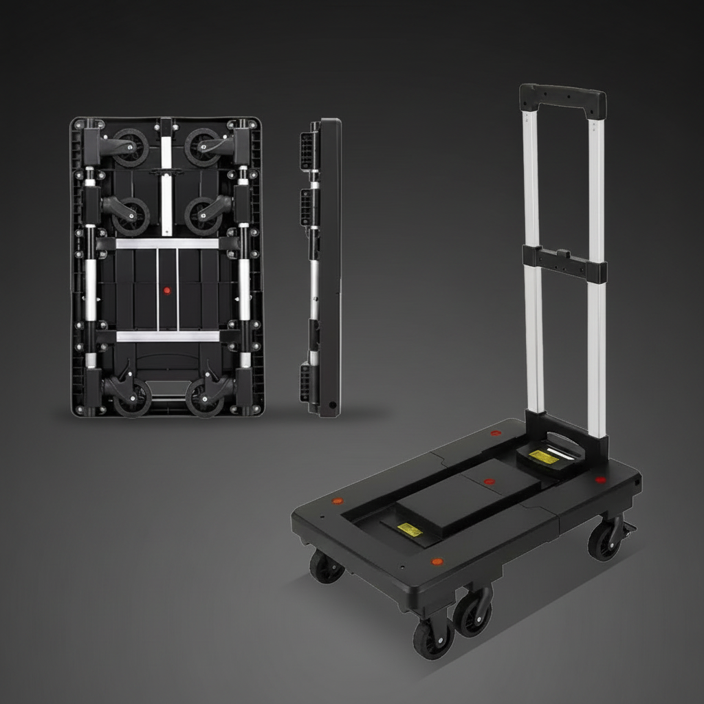 Ultra-Slim 8CM Foldable Shopping Cart – three-angle view on dark gray background
