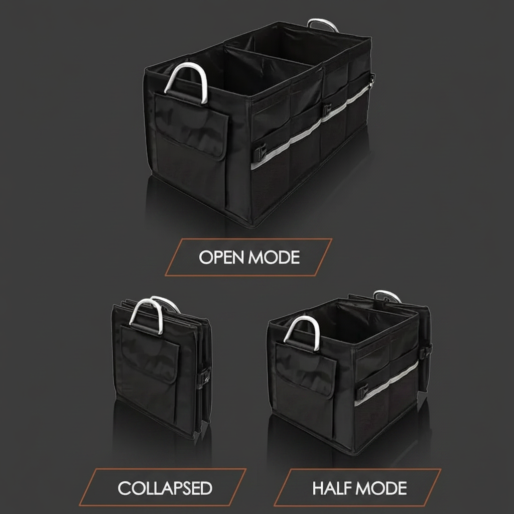 Heavy-Duty Foldable Trunk Organizer – three mode display on dark gray background