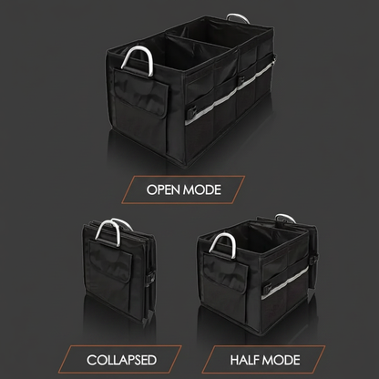 Heavy-Duty Foldable Trunk Organizer – three mode display on dark gray background