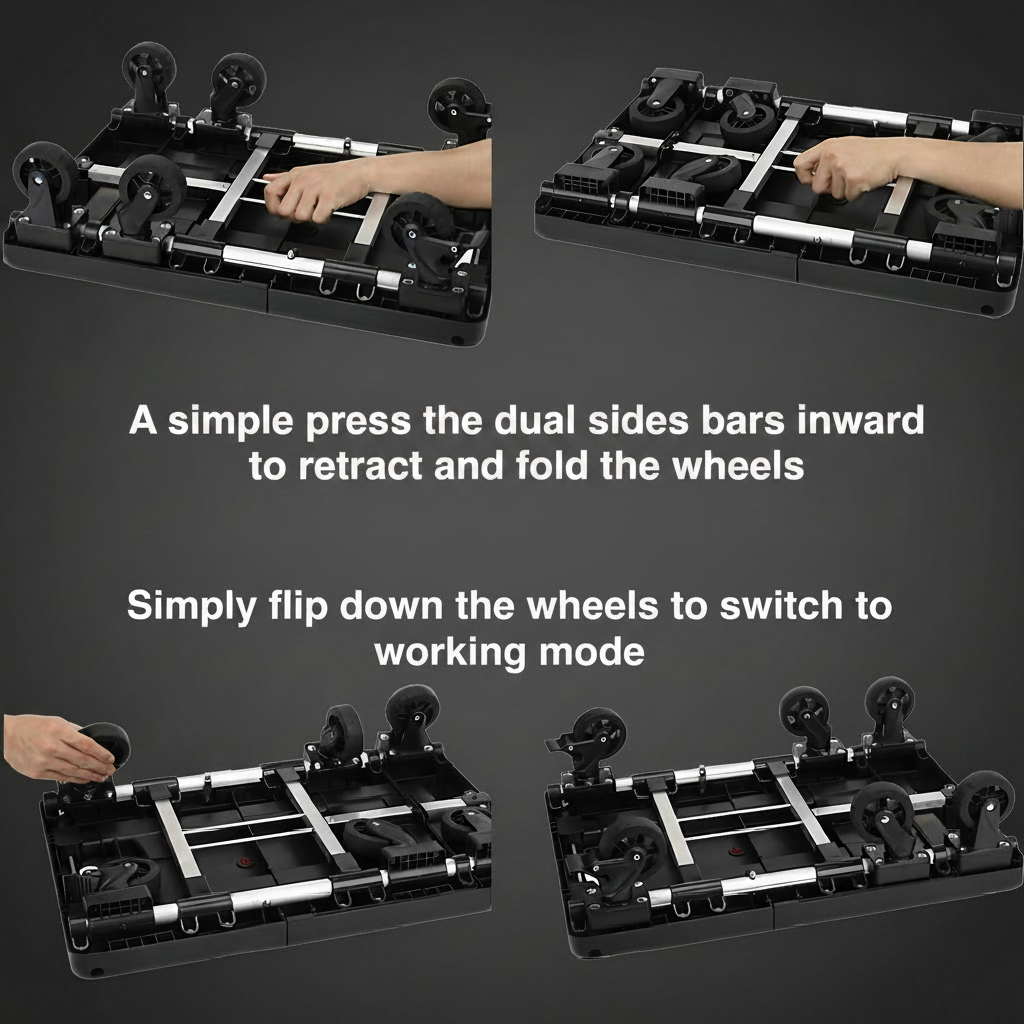 "How to fold and unfold wheels on the Ultra-Slim 8CM Foldable Shopping Cart – press bars inward to retract, flip down to activate"