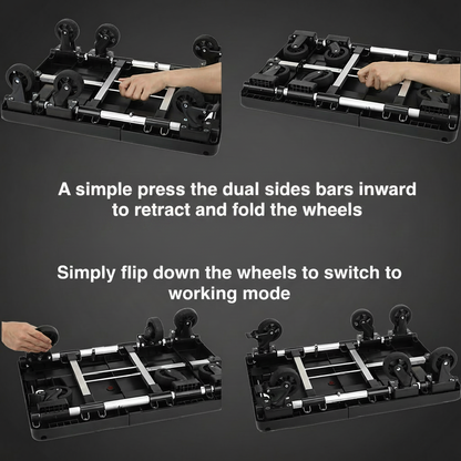 "How to fold and unfold wheels on the Ultra-Slim 8CM Foldable Shopping Cart – press bars inward to retract, flip down to activate"