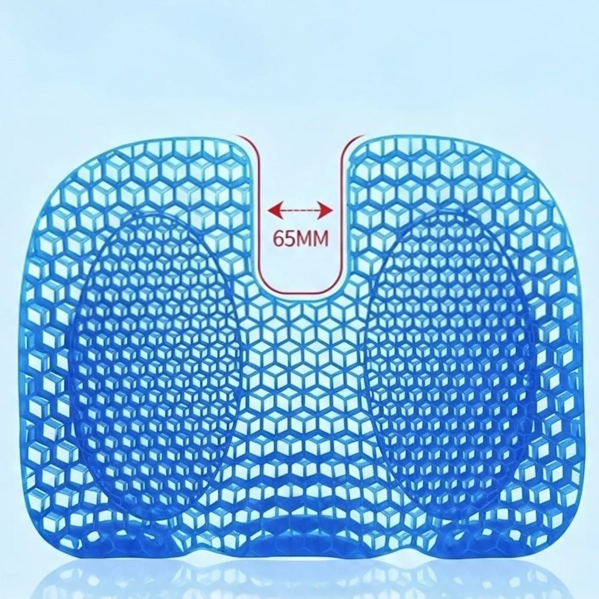 Top view of the honeycomb seat cushion with a 65 mm cutout annotation
