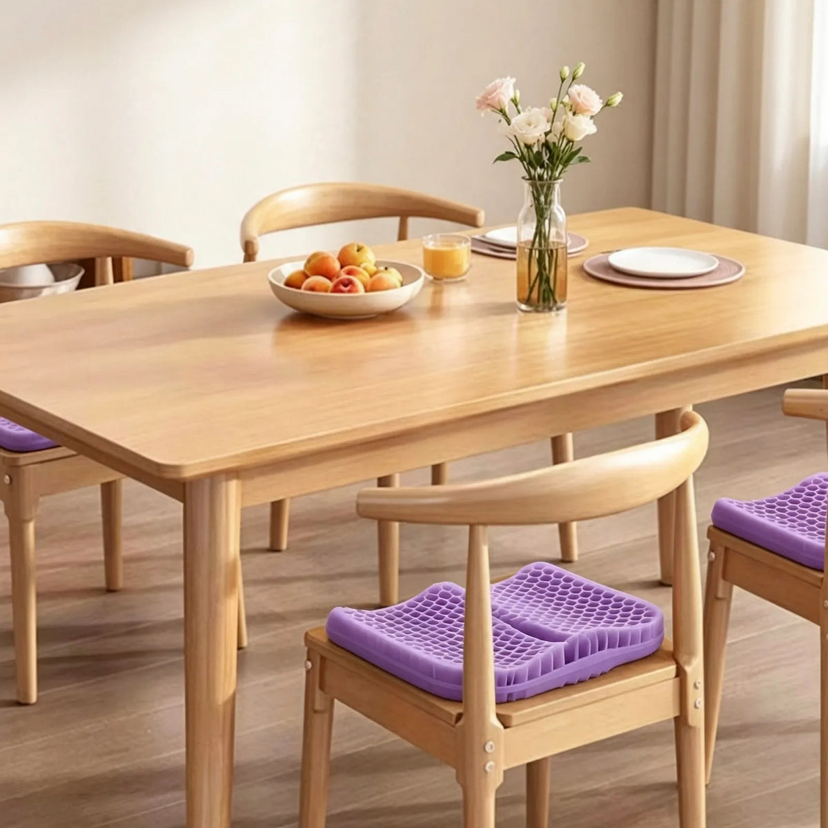 Purple honeycomb seat cushions on wooden dining chairs.