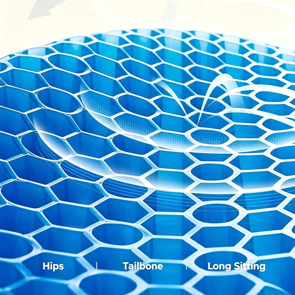 Close-up of a blue honeycomb TPE cushion with white text at the bottom reading 'Hips | Tailbone | Long Sitting' on a light background.