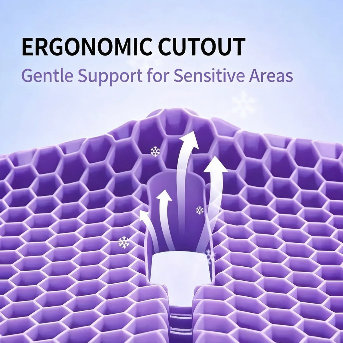 Close-up of the central cutout in a purple honeycomb seat cushion.