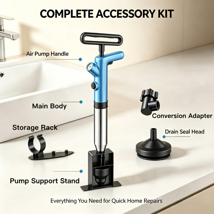 A blue and silver manual air pump with multiple black accessories displayed on a bathroom counter next to a sink, labeled with callouts including Air Pump Handle, Main Body, Storage Rack, Conversion Adapter, and Drain Seal Head under the heading COMPLETE ACCESSORY KIT.