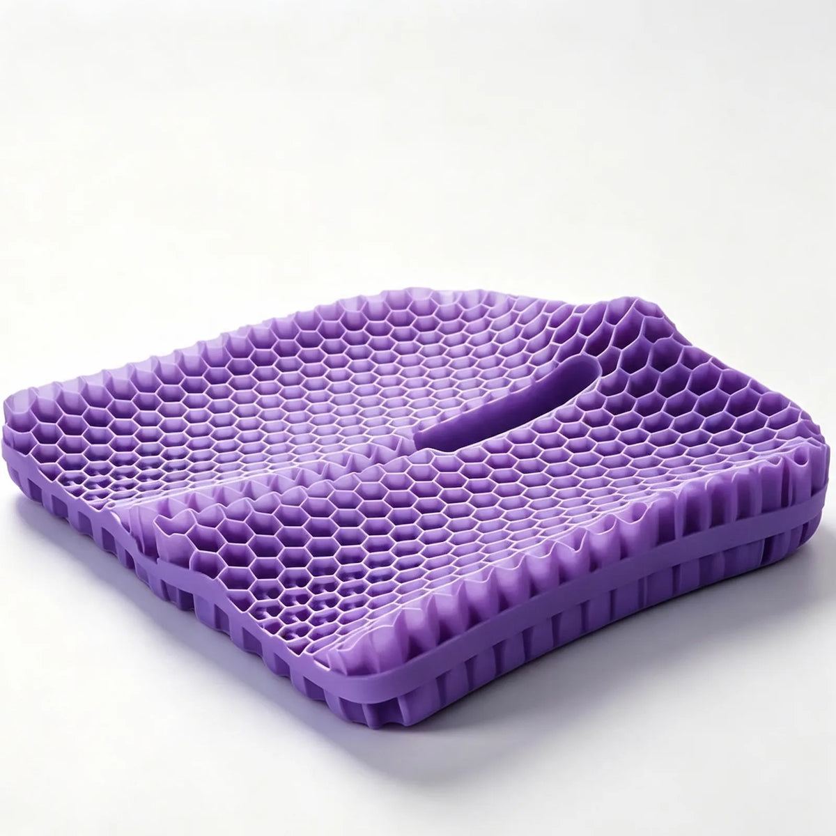 Purple honeycomb seat cushion with a contoured surface and central cutout on a white background.