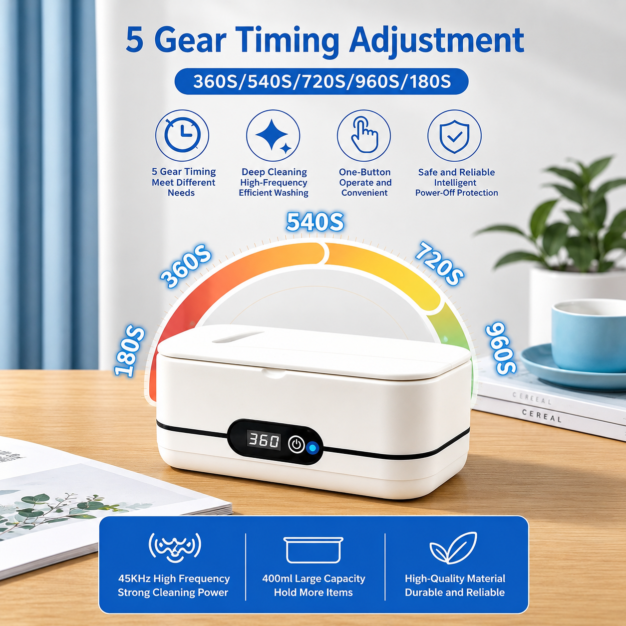 Ultrasonic Cleaner - 5 gear timing adjustment 180S to 960S with 45KHz high frequency 400ml large capacity