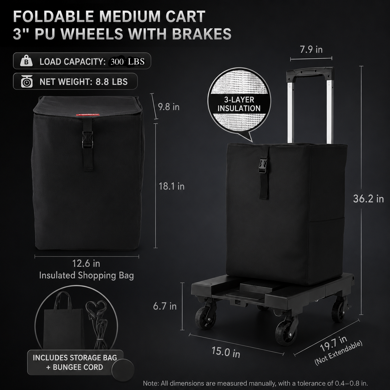 Black foldable medium cart with dimensions and features on a dark background