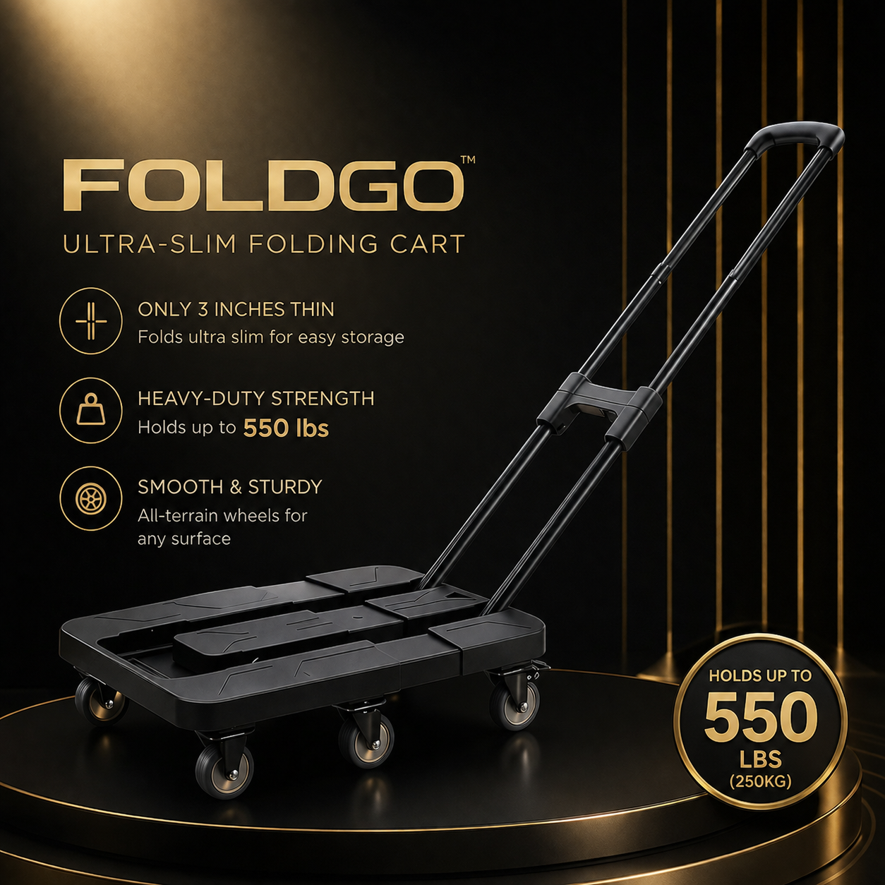 Foldgo Ultra-Slim Folding Cart – only 3 inches thin, holds up to 550 lbs (250KG), all-terrain wheels for any surface