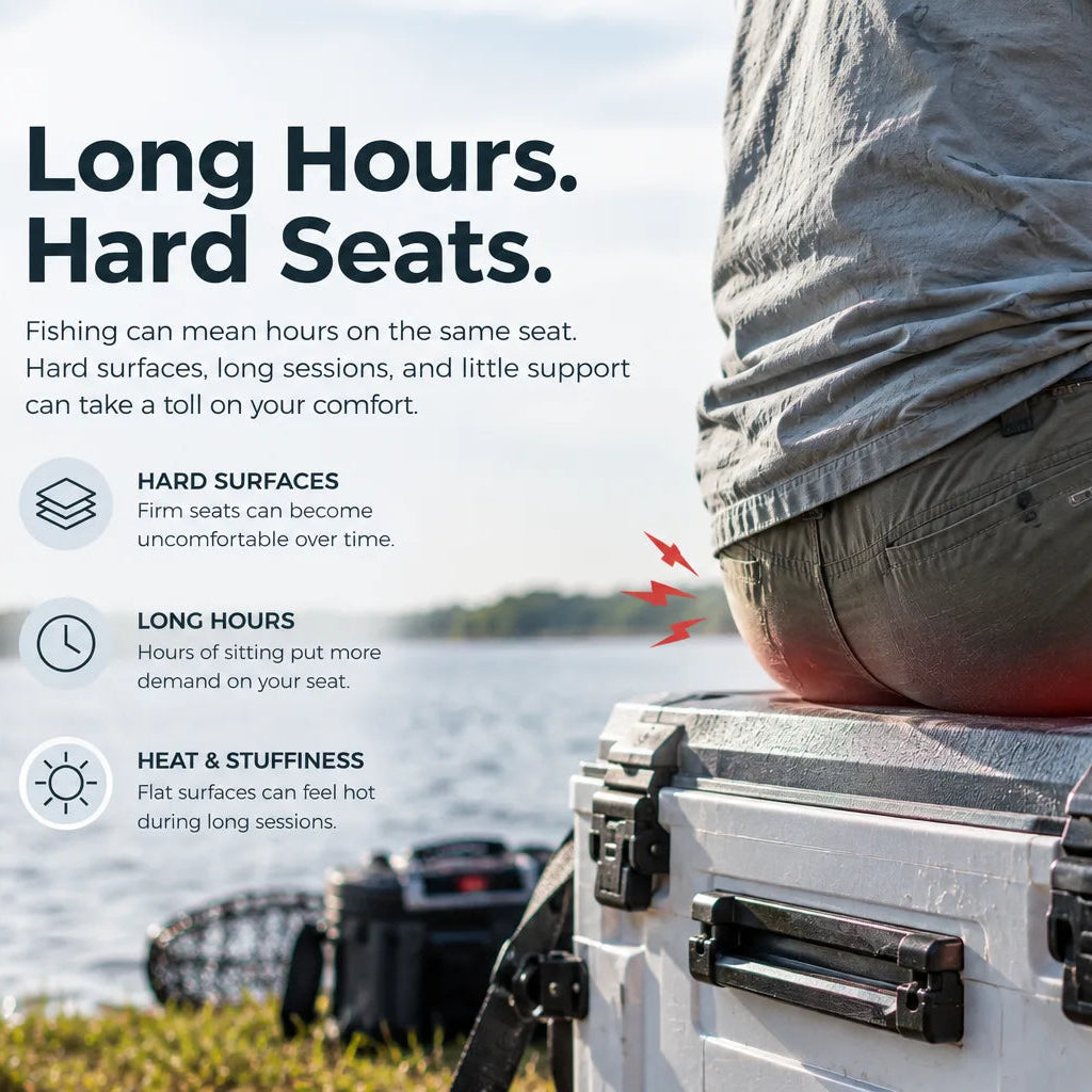 A person sitting on top of a white hard-shell cooler outdoors, with large marketing text on the left reading 'Long Hours. Hard Seats.