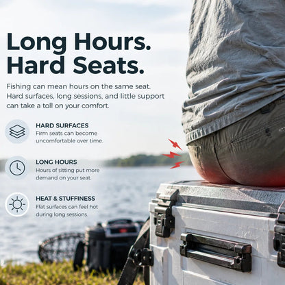 A person sitting on top of a white hard-shell cooler outdoors, with large marketing text on the left reading 'Long Hours. Hard Seats.