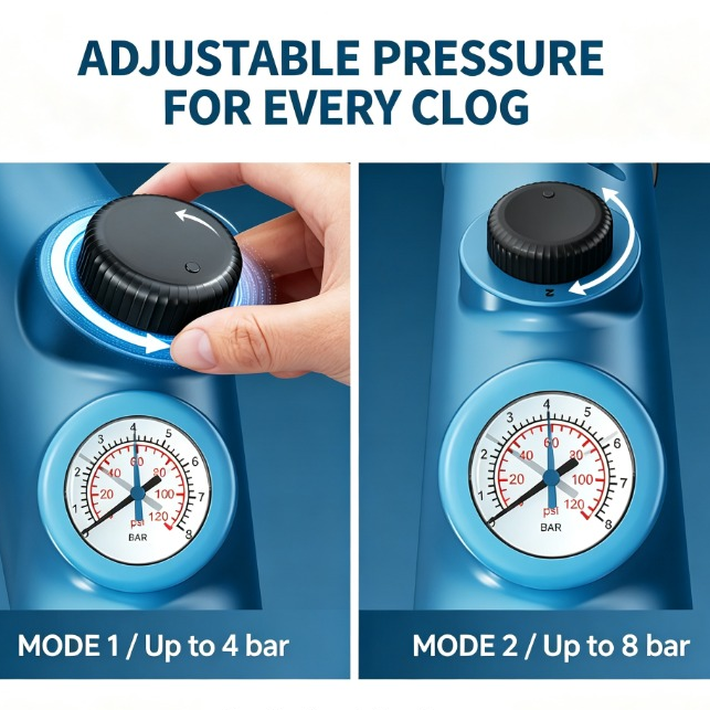 Promotional graphic for a clog relief valve showing two side-by-side panels with a hand adjusting a black dial on a blue device. Text reads 'ADJUSTABLE PRESSURE FOR EVERY CLOG' and 'MODE 1 / Up to 4 bar' and 'MODE 2 / Up to 8 bar'.