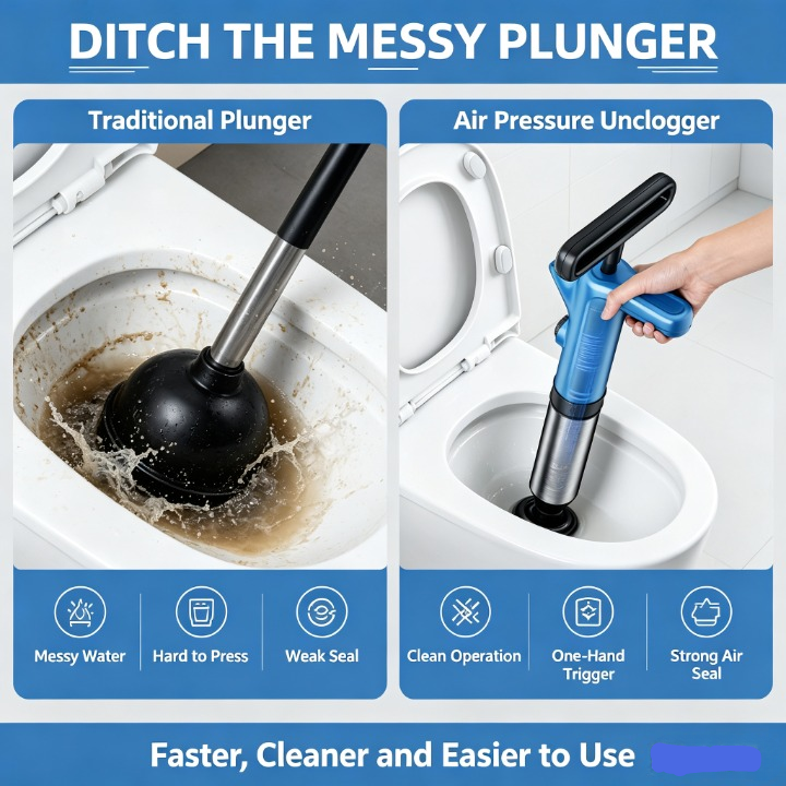 Promotional comparison graphic for a plunger unclogging tool, with a left panel showing a traditional black plunger in a dirty toilet bowl and a right panel showing a blue and black air-pressure plunger being used by a hand on a clean toilet. Large text reads 'DITCH THE MESSY PLUNGER' and includes feature icons for messy water, hard to press, weak seal, clean operation, one-hand trigger, and strong air seal.