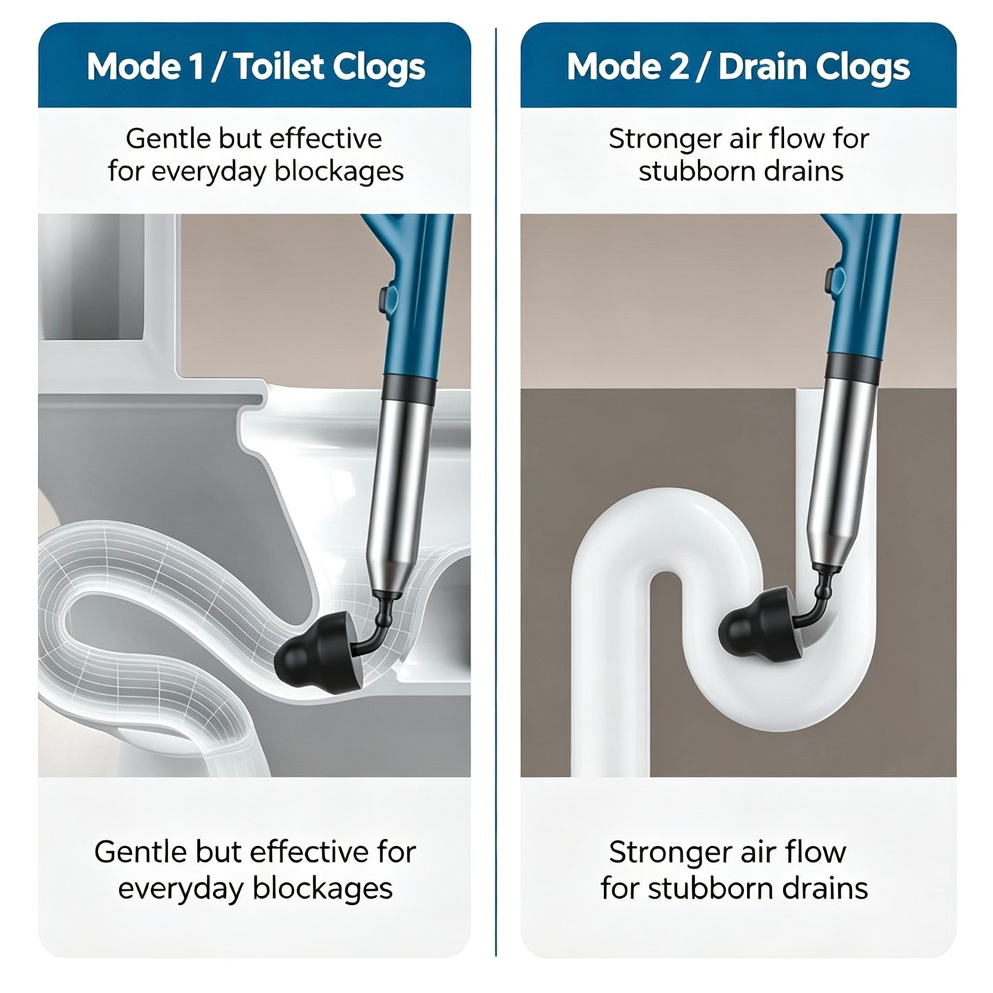 A side-by-side comparison graphic showing a blue and silver plunger-like cleaning tool inserted into a toilet clog on the left and a drain clog on the right, with text labels for Mode 1 / Toilet Clogs and Mode 2 / Drain Clogs.